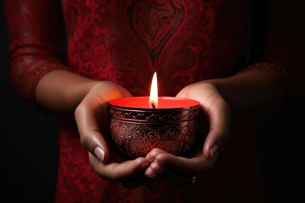 Woman hands with henna holding colorful clay diya lamps lit during diwali celebration