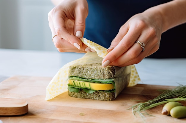 Woman hands wrapping a healthy sandwich in beeswax food wrap Generative AI