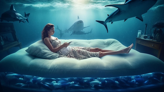 Woman hanging out on air mattress With underwater shark