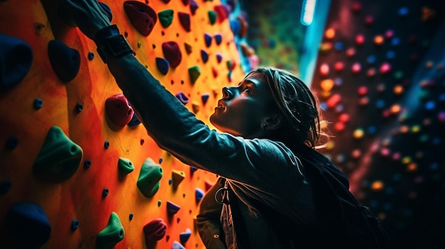 A woman hangs on a climbing wall in a gym.