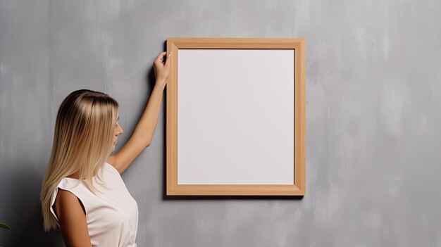 Woman hangs empty square wooden frame on wall Mockup image