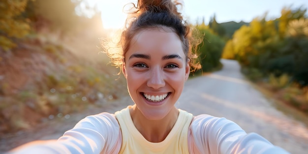 Photo woman happily captures selfie during outdoor workout in sports environment concept outdoor photoshoot selfies fitness joyful moments active lifestyle