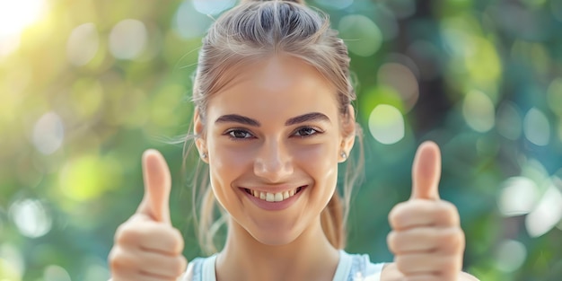 Woman happily exercising and giving thumbs up in natural park Concept Fitness Outdoors Healthy Lifestyle Positive attitude Nature