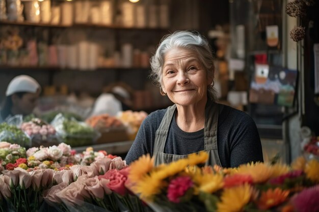 Woman happy to attend her stall selling flowers in a market already at retirement age Ai generated