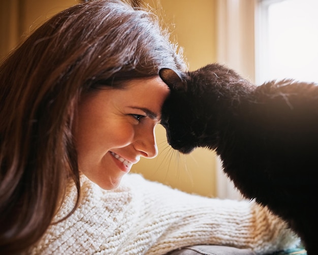 Woman happy and love cat on sofa at house with animal bonding care and relax or fluffy friend for petting massage Smile female owner and kitten pet with stroke hug and affection in living room