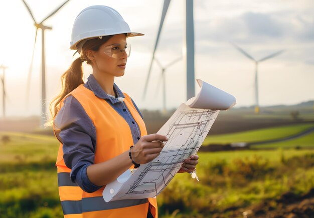 Photo a woman in a hard hat holds a piece of paper with a wind turbine in the background