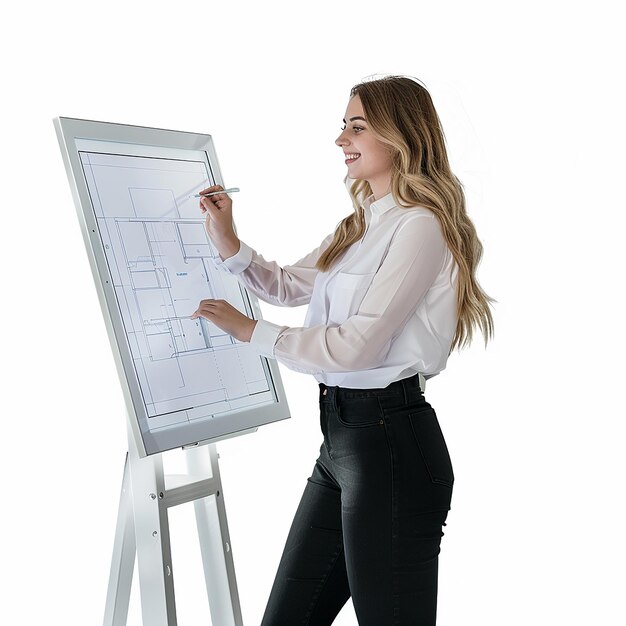 Photo a woman in a hard hat is drawing a drawing of a construction project