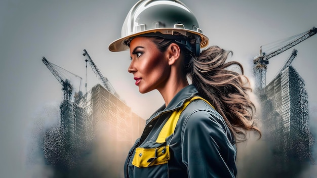 a woman in a hard hat is standing in front of a building Labor Day Tribute