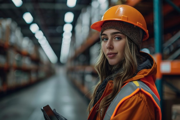 Woman in Hard Hat and Orange Jacket