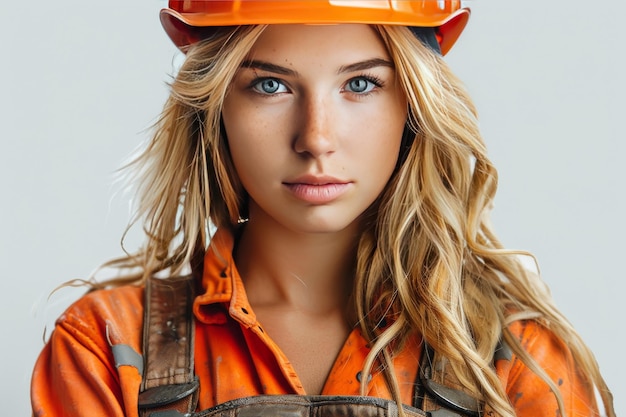 Woman in Hard Hat and Orange Shirt