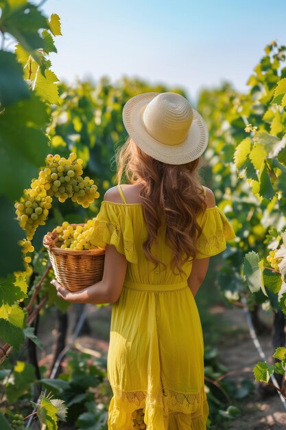 Photo woman harvests green grapes in sunny vineyard yellow dress and white hat worn grapes filled