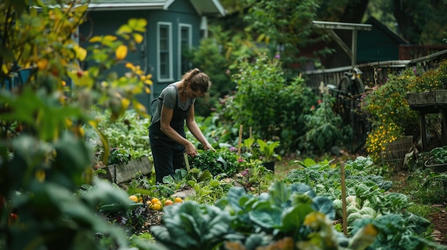 Photo woman in hat and boots gathers veggies highlighting ties to agriculture and sustainable food aig62