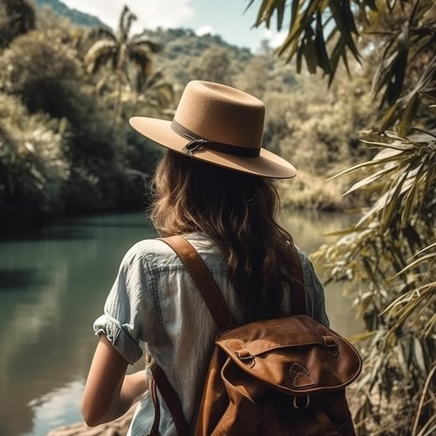 A woman in a hat and a brown backpack stands on a river bank looking at a river.