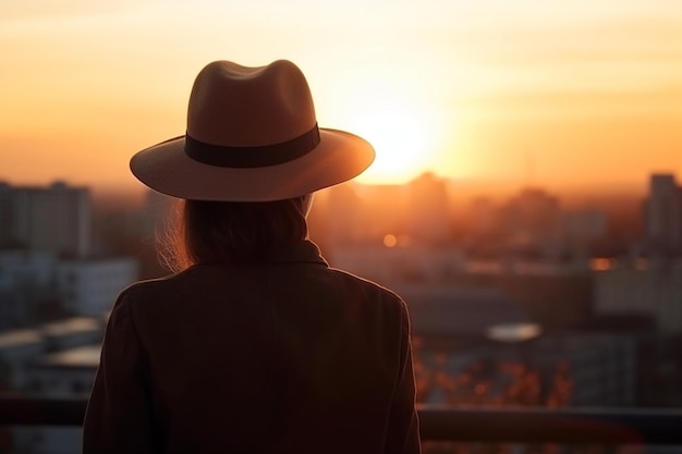 Woman in hat at city in sunset rear view