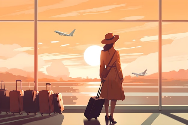 A woman in a hat and coat with a suitcase looks out of a window at a plane taking off.