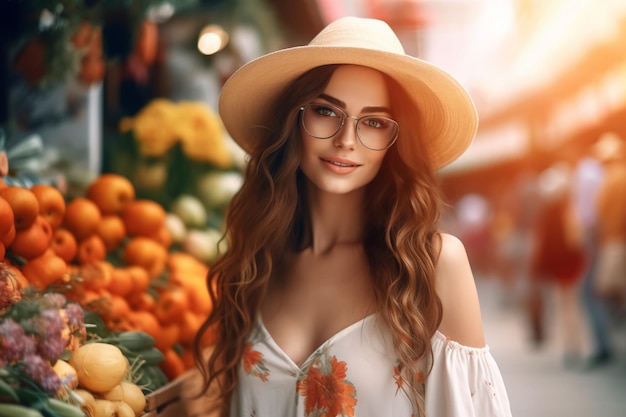 A woman in a hat and glasses stands in front of a fruit stand