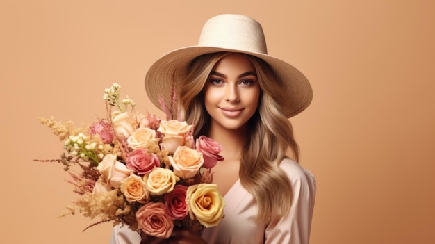 Woman in hat holding beautiful autumn bouquet on color background