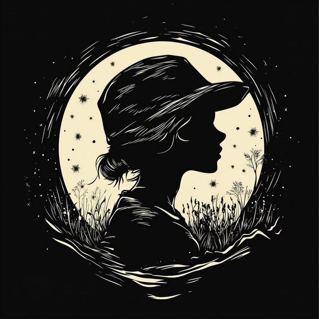 Photo a woman in a hat is in the grass with a moon in the background