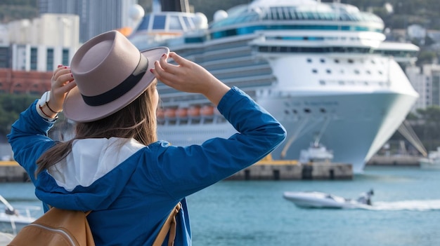 a woman in a hat is looking at a cruise ship