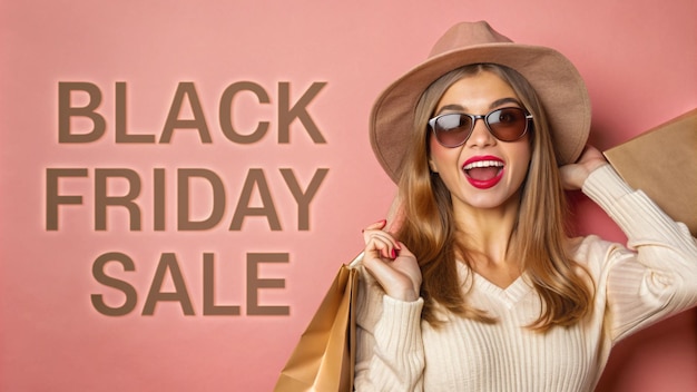 a woman in a hat is posing with a bag that says black friday sale Black Friday