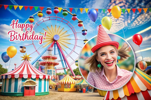 Photo a woman in a hat is smiling in front of a ferris wheel