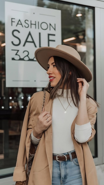 Photo a woman in a hat and jeans is standing in front of a sign that says fashion sale