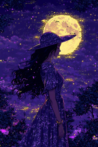 Woman in Hat Under the Moonlight