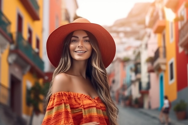 A woman in a hat and an orange hat stands in a street.