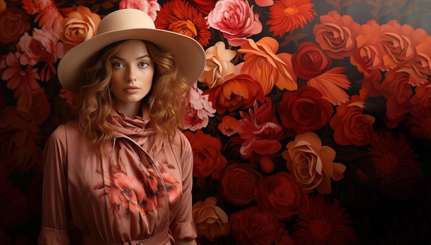 Woman in hat and pink dress poses near flowers