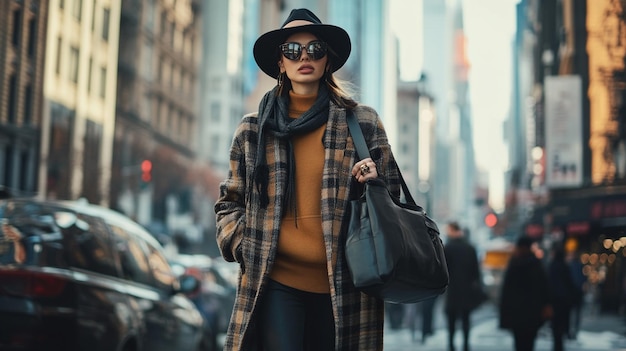 a woman in a hat and scarf is walking down a street