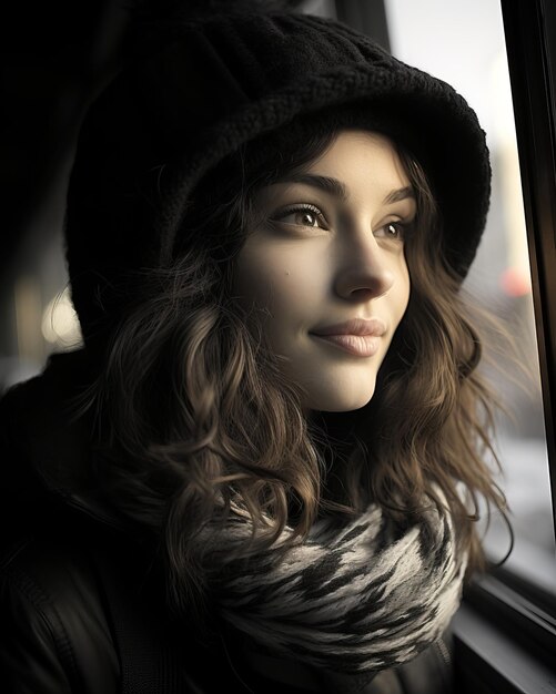 a woman in a hat and scarf looking out the window