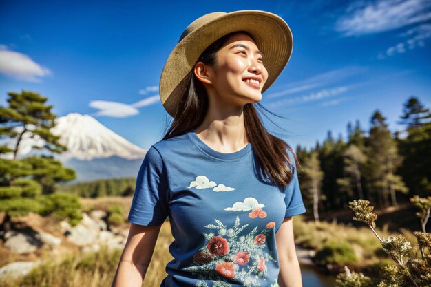 Photo a woman in a hat and a shirt that says sky on it