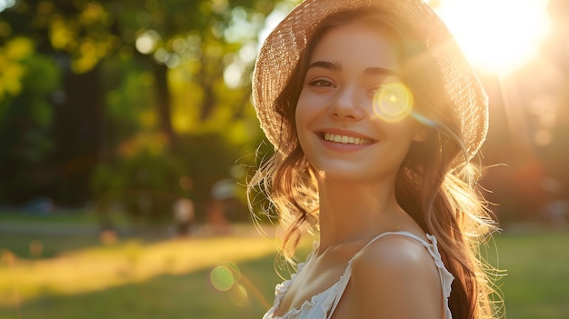 a woman in a hat smiles in the sun