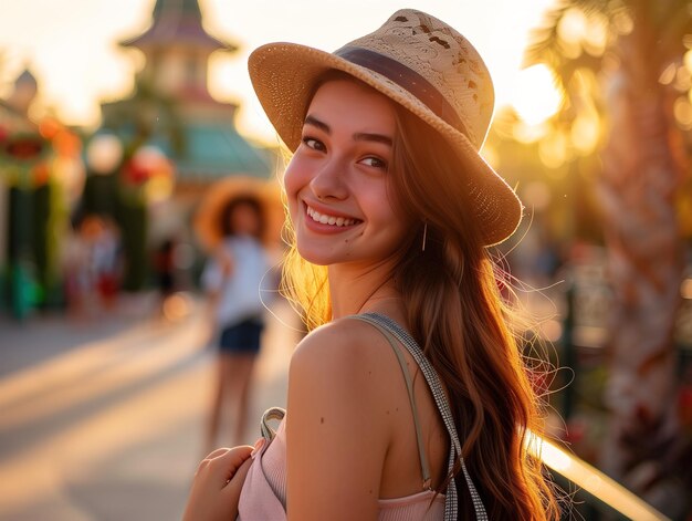 Woman in Hat Standing on Street