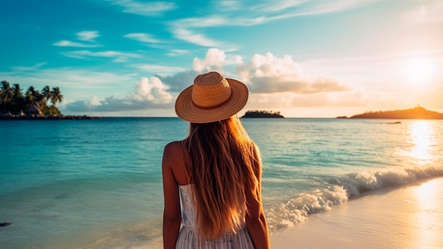 A woman in a hat stands on a beach looking out to sea