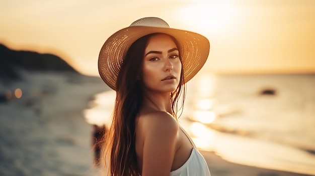 A woman in a hat stands on a beach at sunset.