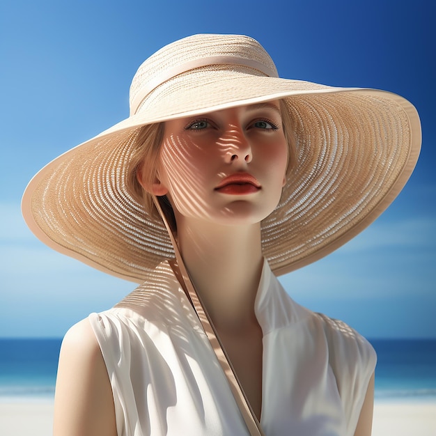 a woman in a hat stands on a beach with a sun hat on