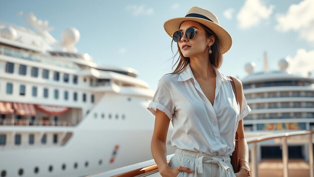 Photo a woman in a hat stands on a deck with a cruise ship in the background