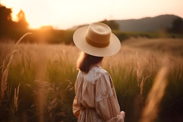 A woman in a hat stands in a field of wheat at sunset.