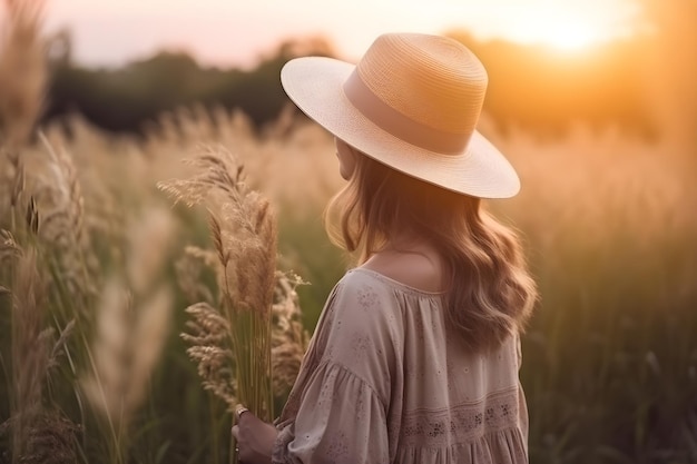 A woman in a hat stands in a field with a sunset in the background.