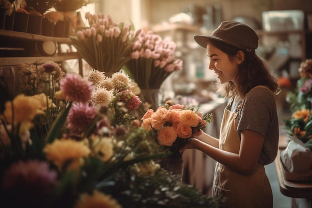 A woman in a hat stands in front of a bouquet of flowers.