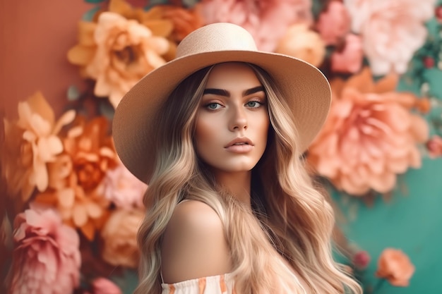 A woman in a hat stands in front of a flower background