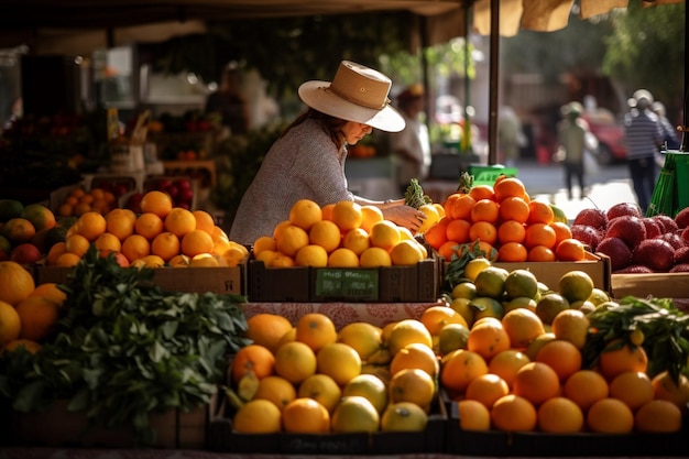 A woman in a hat stands in front of a fruit stand.