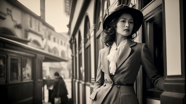 a woman in a hat stands in front of a storefront.