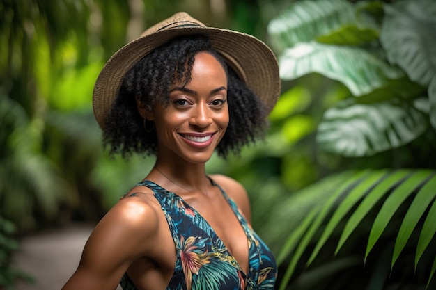 A woman in a hat stands in the jungle