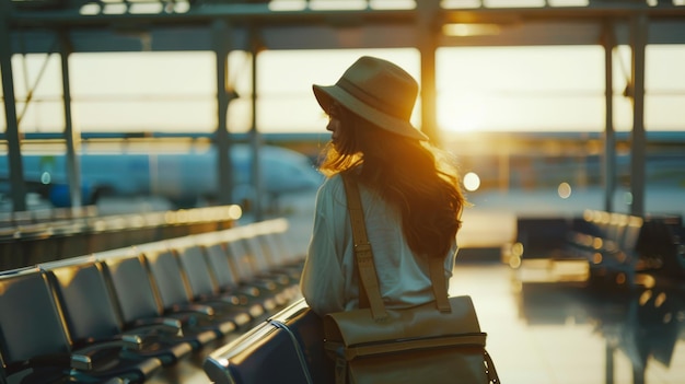 A woman in a hat stands in a mostly empty airport terminal during sunset her silhouette framed by the warm glow of the evening sun