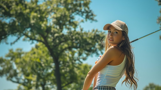 Photo a woman in a hat stands in the sun with her back to the camera