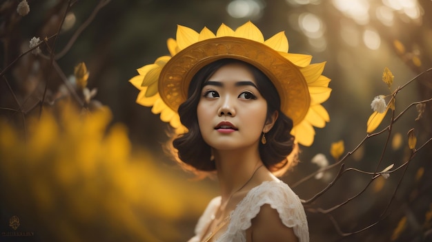 A woman in a hat and a sunflower hat stands in a forest.