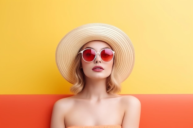 Woman in a hat and sunglasses on a bright orange background