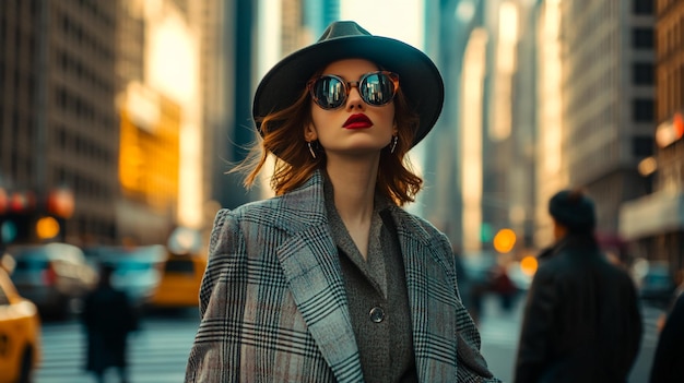 Photo a woman in a hat and sunglasses is walking down a street